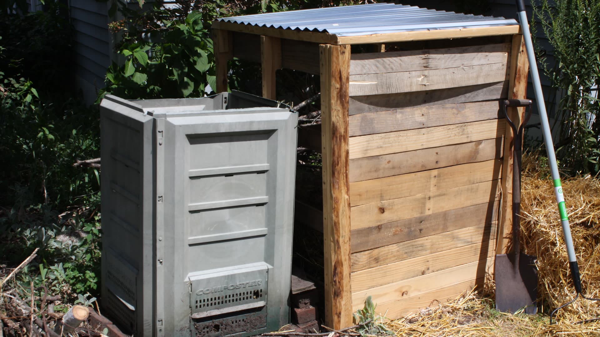 Kingfisher Composting outdoor processing site with bins and tools